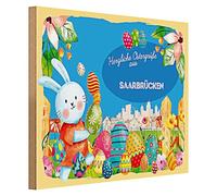 Plaque en bois colorée | Salutations chaleureuses de Pâques | Sarrebruck | 40 cm x 30 cm