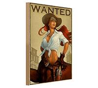 Plaque en bois de style rétro « Wanted » | Cowgirl occidentale avec chapeau et revolver | Décoration pour bar, salon ou grotte | 30 cm x 40 cm