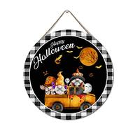 Plaque en bois « Happy Halloween » - Nain de citrouilles pleine lune - Buffalo Check - Panneau en bois personnalisé à suspendre - Panneau mural vintage - 30,5 x 30,5 cm - Rond