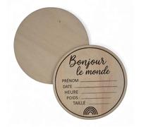 Plaque en Bois Naissance Personnalisable, Bonjour le Monde, Décoration Chambre Bébé avec Champs pour Prénom Date Heure Poids Taille (Bonjour le monde)