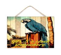 Plaque en bois personnalisée « It's Five O'Clock Somewhere » - Décoration murale pour chalet d'été, perroquet tropical Luau - Décoration murale de campagne pour chambre d'enfant - 30,5 x 20,3 cm