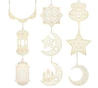 Plaque en Bois pour l'Aïd Mubarak, Creuse Ramadan Kareem Ornement de Suspension, Islam Ramadan en Bois Plaque Plaque Plaque pour Ramadan Moubarak Eid DIY Decor Fournitures (9 PCS - A)