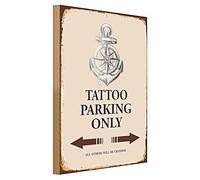 Plaque en bois vintage avec ancre - Tattoo Parking Only - Design nostalgique pour les amateurs de tatouage - 30 cm x 40 cm