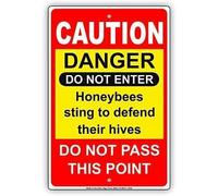 Plaque en étain avec inscription « Caution Danger Do Not Enter Honeybees Sting To Defend Their Hives Do Not Pass This Point » Rouge 20,3 x 30,5 cm