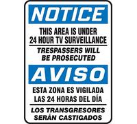 Plaque en étain avec inscription « Notice This Area Is Under 24 Hour Tv Surveillance-Trespassers Will Be Prosecuted/Aviso Esta Zona Es Vigilada Las 24 » 20,3 x 30,5 cm