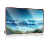 Plaque en étain avec inscription « Ocean Waves Crashing Against The Shore With Grass In Foreground » - Décoration vintage amusante (30 x 40 cm)
