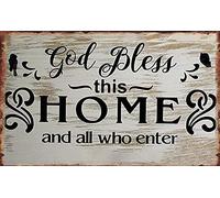 Plaque en étain « God Bless This Home And All Who Enter » - Décoration murale vintage chic pour magasin, bar, maison, café, ferme, garage, cabine ou club - 30,5 x 20,3 cm