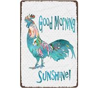 Plaque en étain rétro en forme de coq avec inscription « Good morning sunshine » - Décoration de cuisine bleue - Décoration murale pour maison, café, bureau, magasin, pubs, club - Cadeau - 30,5 x