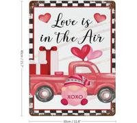 Plaque en étain vintage avec inscription « Love is in The Air » - Motif fleurs roses - Cœurs - Camion - Gnomes mignons - Décoration d'extérieur - 20,3 x 30,5 cm - Cadeau de Saint-Valentin