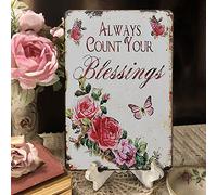 Plaque en étain vintage en forme de papillon et rose - Always Count Your Blessings, panneaux de campagne française shabby chic pour chambre, salle de bain, jardin, cour, décoration murale, accessoires
