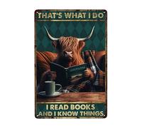 Plaque en étain vintage humoristique pour décoration d'intérieur avec inscription « That's What I Do, I Read Books and I Know Things » - Cadeau pour les amateurs de vaches - Plaque en métal de 20,3 x