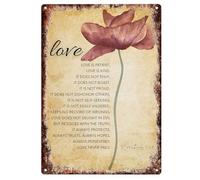 Plaque en métal 1 Corinthiens 13 4-8 Écriture murale avec verset de la Bible floral, décoration d'intérieur chrétienne, cadeau inspirant, plaque en étain rustique, affiche en métal 20,3 x 30,5 cm