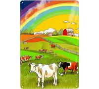 Plaque en métal « A Group Of Cow Lives In Farm Under The Rainbow » - Décoration murale pour maison, bureau, bar, jardin, cave, 30,5 x 40,6 cm