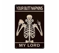 Plaque en métal amusante - Décoration murale vintage rétro gothique pour salle de bain - Motif tête de mort - Inscription « Your Butt Napkin My Lord » - 30,5 x 20,3 cm