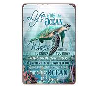 Plaque en métal amusante et amusante en forme de tortue Life is Like The Ocean - Décoration d'intérieur vintage - En aluminium - Décoration murale pour garage et bar - 20,3 x 30,5 cm