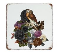 Plaque en métal amusante pour Halloween - Motif hibou squelette et fleur - Décoration murale pour bureau, restaurant, intérieur - 30,5 x 30,5 cm - Noir et blanc