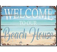 Plaque en métal antique amusante pour chambre à coucher, décoration vintage « Welcome to Our Beach House » - Décoration murale vintage pour garage, maison, jardin, cafés, cuisine - 20,3 x 30,5 cm