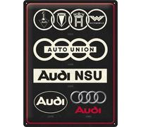 Plaque en métal - AUDI - Évolution du logo - 30 x 40 cm - Vintage - Décoration murale
