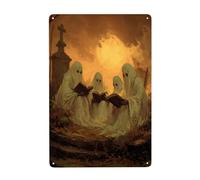 Plaque en métal avec 4 fantômes mignons lisant des livres sur un cimetière Décoration murale pour salle de bain, toilettes, ferme, toilettes, cour, 20 x 30 cm
