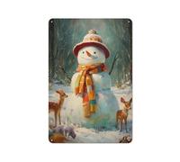 Plaque en métal avec bonhomme de neige debout dans la forêt enneigée - Décoration murale pour bar, pub, club, café, chambre - Blanc - 30 x 20 cm