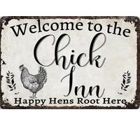 Plaque en métal avec citations amusantes de poulailler « Welcome to The Chick Inn Happy Hens Root Here » pour maison, chambre à coucher, salon, jardin, garage, bureau - 30,5 x 20,3 cm