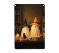 Plaque en métal avec deux fantômes mignons et chat noir - Décoration murale pour salle de bain, toilettes, ferme, toilettes, cour, 20 x 30 cm
