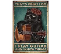 Plaque en métal avec inscription « C'est ce que je fais, je joue de la guitare et je sais des choses » - Chat noir - Affiche humoristique pour salon, cuisine, salle de bain, décoration murale - 20 x