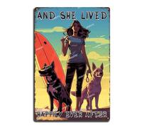 Plaque en métal avec inscription Dog Surfing and her Happy Life Girl - Décoration murale vintage pour jardin, garage, grotte, abri de jardin, bureau, chambre d'artisanat, 20,3 x 30,5 cm