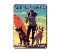 Plaque en métal avec inscription Dog Surfing and her Happy Life Girl - Décoration murale vintage pour rues, barbelés, clôtures, forêts, jardins, portes, 30,5 x 40,6 cm