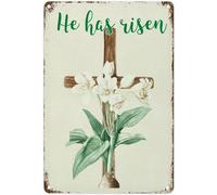Plaque en métal avec inscription « He Is Risen » « Bunny Rabbit Happy Easter » - Croix de Pâques - Motif croix de lys - Rustique - Vintage - Pour extérieur, bureau, magasin, bar, garage - 20,3 x 30,5