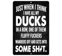 Plaque en métal avec inscription « Just When I Think I Have All My Ducks In A Row » - Décoration murale sarcastique amusante - Pour bar, bureau, garage, boutique, maison, chambre (canards dans une