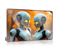 Plaque en métal avec inscription « Man Cave Signs And Decor Two Robots In Love : A Futuristic Romance Against A Fiery Backgrou » - 30 x 40 cm