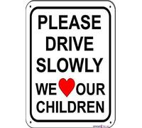 Plaque en métal avec inscription « Please Drive Slowly We Love Our Children » - Décoration murale d'intérieur et d'extérieur - 30,5 x 20,3 cm