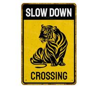 Plaque en métal avec inscription « Tiger Slow Down Crossing » - En aluminium - Panneau d'avertissement pour clôture, cour, décoration murale - 20,3 x 30,5 cm