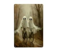 Plaque en métal avec inscription « Two Ghosts Riding Bicycle Misty Forest Path » - Décoration murale pour salle de bain, toilettes, ferme, toilettes, cour, 20 x 30 cm