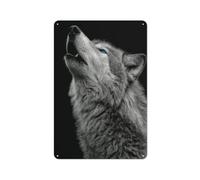 Plaque en métal avec loup aux yeux bleus hurlant - Décoration murale pour bar, pub, club, café, chambre - Blanc - 30 x 20 cm