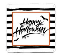 Plaque en métal avec motif chauve-souris d'Halloween « Happy Halloween » - Rayures noires et blanches - Décoration d'Halloween primitive - Décoration de fête de vacances - Plateau décoratif pour la