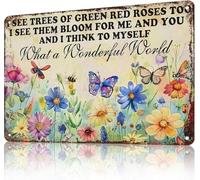 Plaque en métal avec motif de fleur « Quel monde merveilleux je vois des arbres verts et rouges » Panneaux de jardin vintage Décoration murale Motif fleurs drôles Fille Plaques en métal Décor 20 x 30