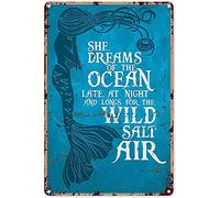 Plaque en métal avec motif sirène, « She Dreams Of The Ocean Late At Night And Longs For The Wild Salt Air », décoration de bar, cuisine, salon, cadeau pour chambre - 30,5 x 45,7 cm