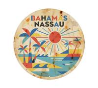 Plaque en métal Bahamas Nassau Beach Destination Constructivist | Décoration murale vintage pour café, club, jardin, affiche ronde en métal, 20,3 x 20,3 cm