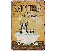 Plaque en métal Boston Terrier Co. Bath Soap Established Wash Your Paws - Décoration murale vintage pour bar, club, maison, cuisine, 40 x 30 cm