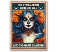 Plaque en métal Catrina Halloween Day of the Dead - Cadeau pour filles mexicaines, filles, amies, She Remembered Who She Was, Dia De Los Muertos - Décoration pour cuisine et bureau - 20,3 x 30,5 cm
