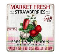 Plaque en métal classique « Market Fresh Strawberries » - Plaque en métal - Motif à carreaux roses - Décoration de piscine cultivée localement - Panneau mural extérieur et intérieur - 30,5 x 30,5 cm