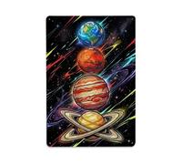 Plaque en métal Cosmic Planetary Alignment Earth Mars Saturne Galaxie Surréaliste Décoration murale pour café, Man Cave, Club Bar, Bureau, Maison Jardin Affiche ronde en métal 20,3 x 30,5 cm