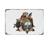 Plaque en métal de style rustique en aluminium pour décoration murale d'Halloween, hibou, squelette, fleur - Décoration murale effrayante pour extérieur, cour, entrée, Halloween, oiseau effrayant