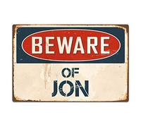 Plaque en métal décorative murale « Beware of Jon » - Panneau d'avertissement amusant en métal pour décoration d'intérieur - Panneau de sécurité - Panneau en étain - 20,3 x 30,5 cm