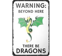 Plaque en métal en métal avec panneau d'avertissement de dragon « There Be Dragons Beyond Here » - Décoration murale geek - Cadeau pour amateur de dragon, Renaissance - Décoration de chambre