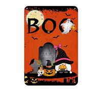 Plaque en métal Halloween Boo citrouille gnome fantôme chauve-souris lune corbeau cimetière 30,5 x 20,3 cm effrayant coupe-vent tendance décoration murale en métal pour maison, bureau