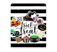 Plaque en métal Halloween Trick Or Treat Boo 31 octobre, fantôme, citrouille, sorcière, crâne, 30,5 x 40,6 cm, décoration murale rétro pour Mancave She Shed restaurant, garage
