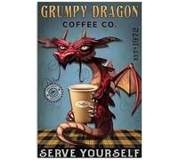 Plaque en métal humoristique en forme de dragon Grumpy Dragon Coffee Co. Servez-vous vous-même, affiche d'embellissement, café, restaurant, salle de bain, cuisine, salon, décoration murale, plaque